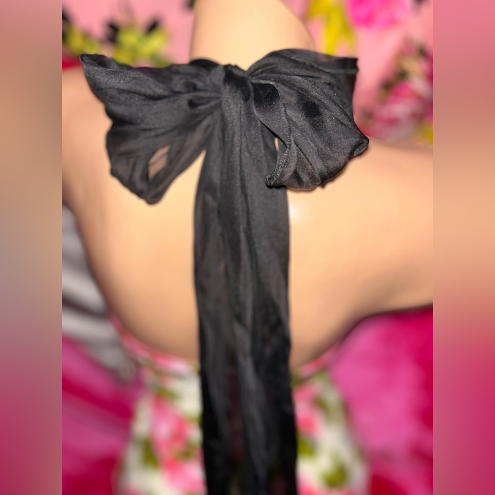 Pink Wheels and Dollbaby rose print sheath dress black chiffon scarf bow 3 M/L